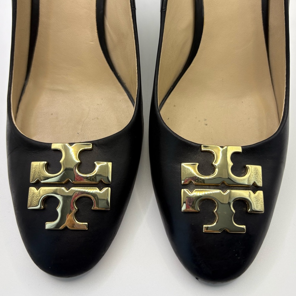 EUC Tory Burch Raleigh Wedge Black Heels with Gold Logo - Picture 4 of 10